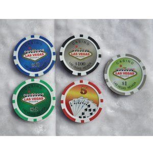 Lot of 50 Las Vegas Vintage Graphic Poker Chips Coins $100, $50, $25, $5, $1.